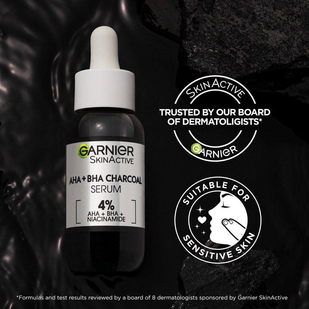 Garnier Skin Active 4% AHA + BHA & Niacinamide Charcoal Face Serum 30 ml 3 Pack