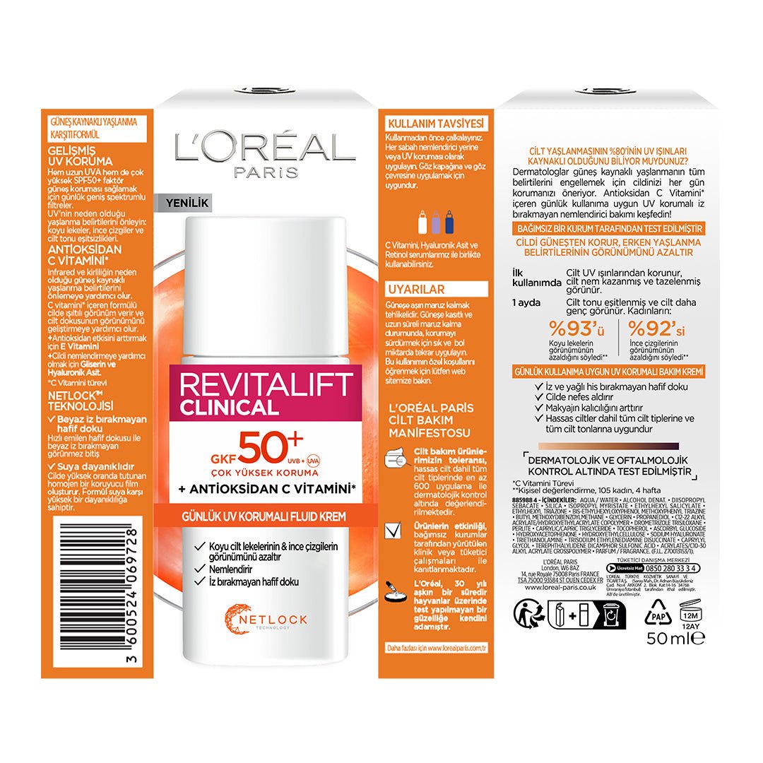Loreal Paris Revitalift Clinical SPF 50+ Günlük Yüksek UV Korumalı Yüz Güneş Kremi 50ml