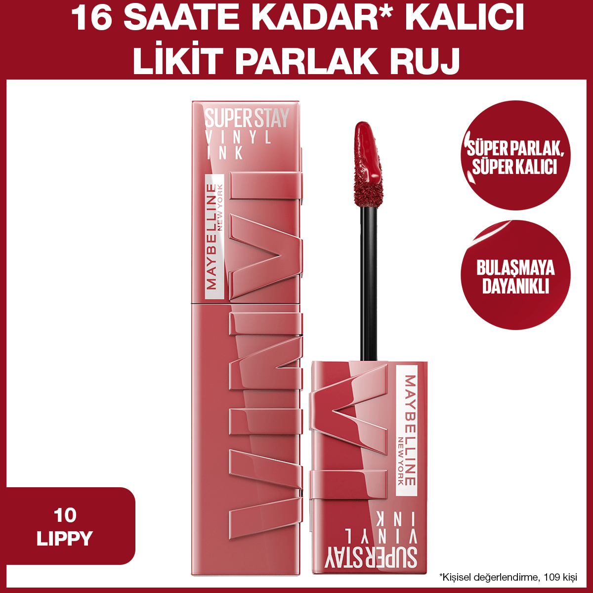 Maybelline New York Super Stay Vinyl Ink Uzun Süre Kalıcı Likit Parlak Ruj 10 Lippy
