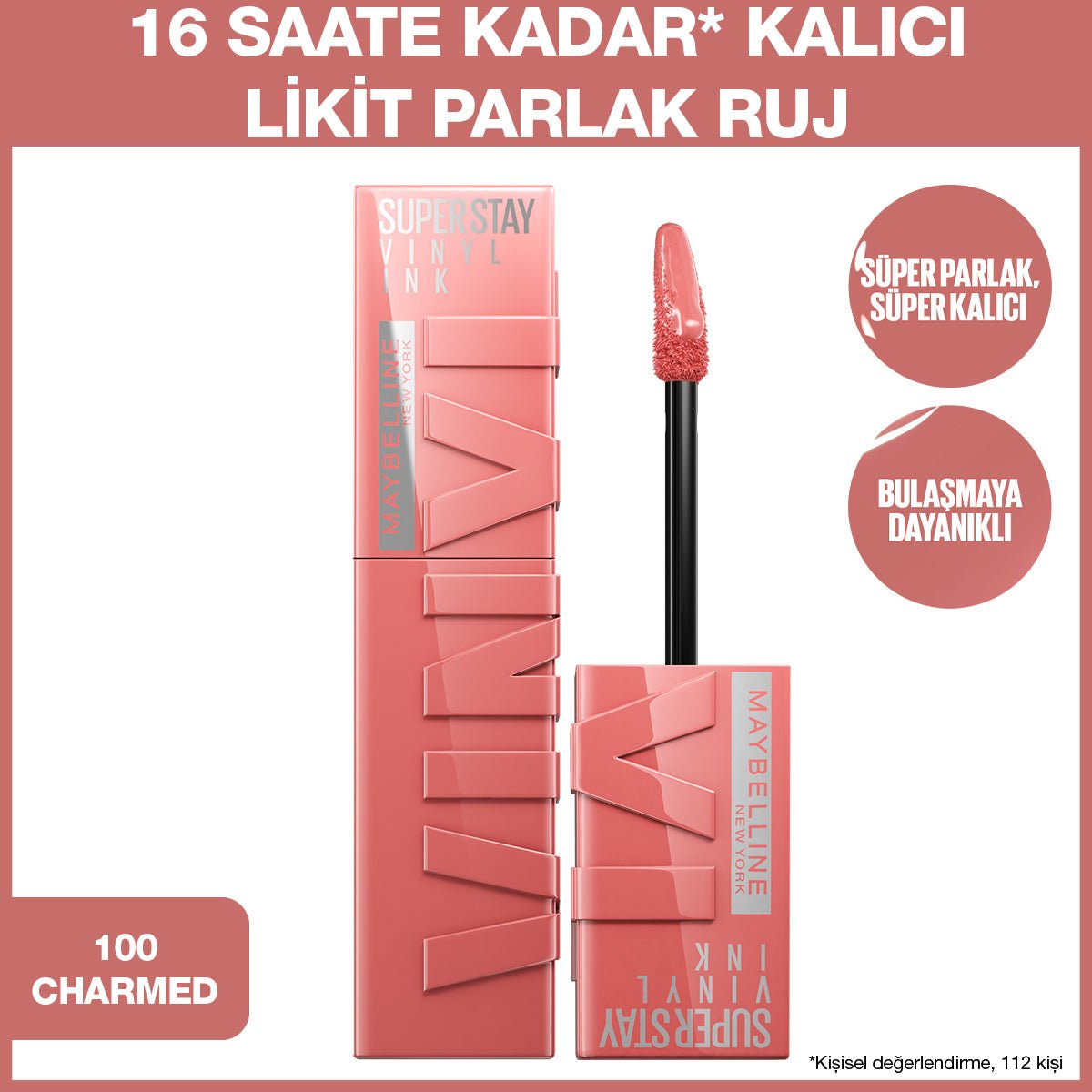 Maybelline New York Super Stay Vinyl Ink Uzun Süre Kalıcı Likit Parlak Ruj 100 Charmed