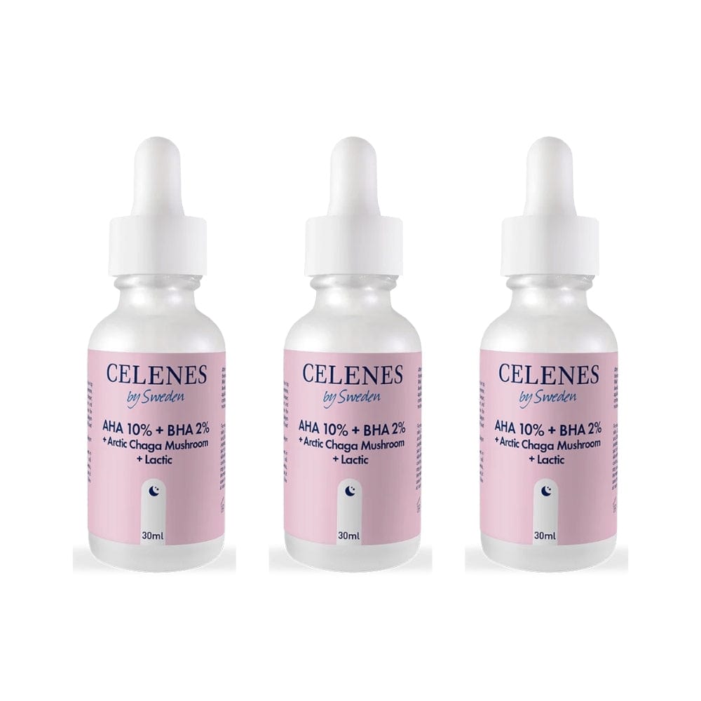 Celenes by Sweden Rena AHA 10% + BHA 2% + Arctic Chaga Mushroom + Lactic 30 ml-3 Pack