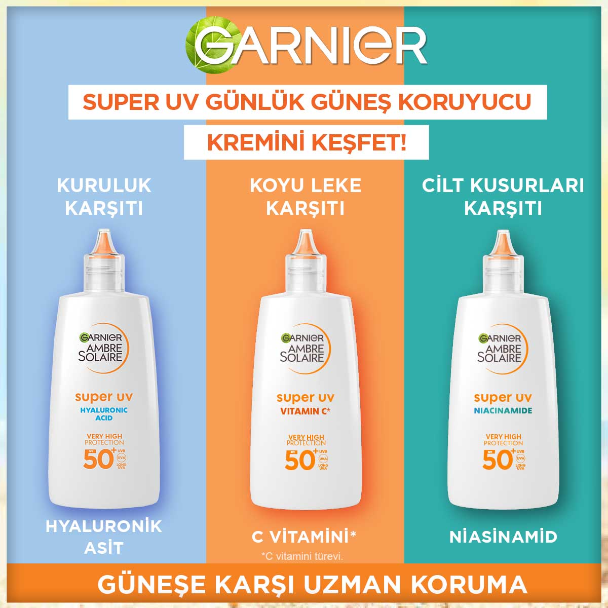 Garnier Ambre Solaire Super UV C Vitamini Koyu Leke Karşıtı Fluid Yüz Güneş Kremi SPF50+ 40ML