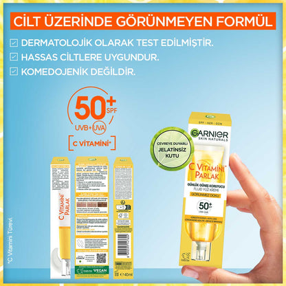 Garnier C Vitamini Parlak Günlük UV Korumalı Güneş Yüz Kremi Görünmez Doku SPF50+ 40ml