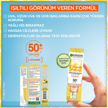 Garnier C Vitamini Parlak Günlük UV Korumalı Güneş Yüz Kremi Işıltılı Doku SPF50+ 40ml