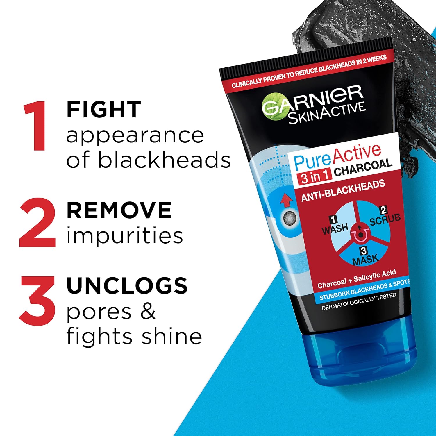 Garnier Pure Active Intensive 3in1 Charcoal Anti-Blackhead, Face Cleanser 50 ml 2 Pack
