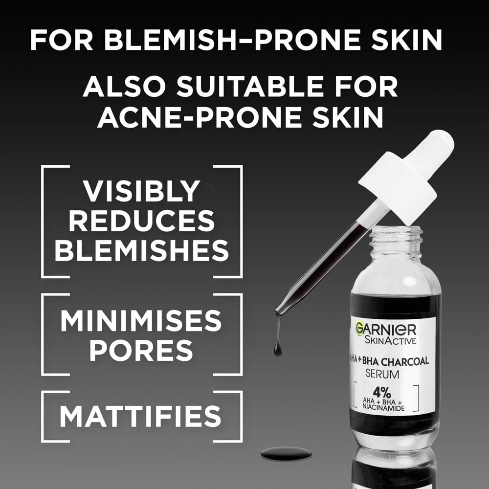 Garnier Skin Active 4% AHA + BHA &amp; Niacinamide Charcoal Face Serum 30 ml 3 Pack