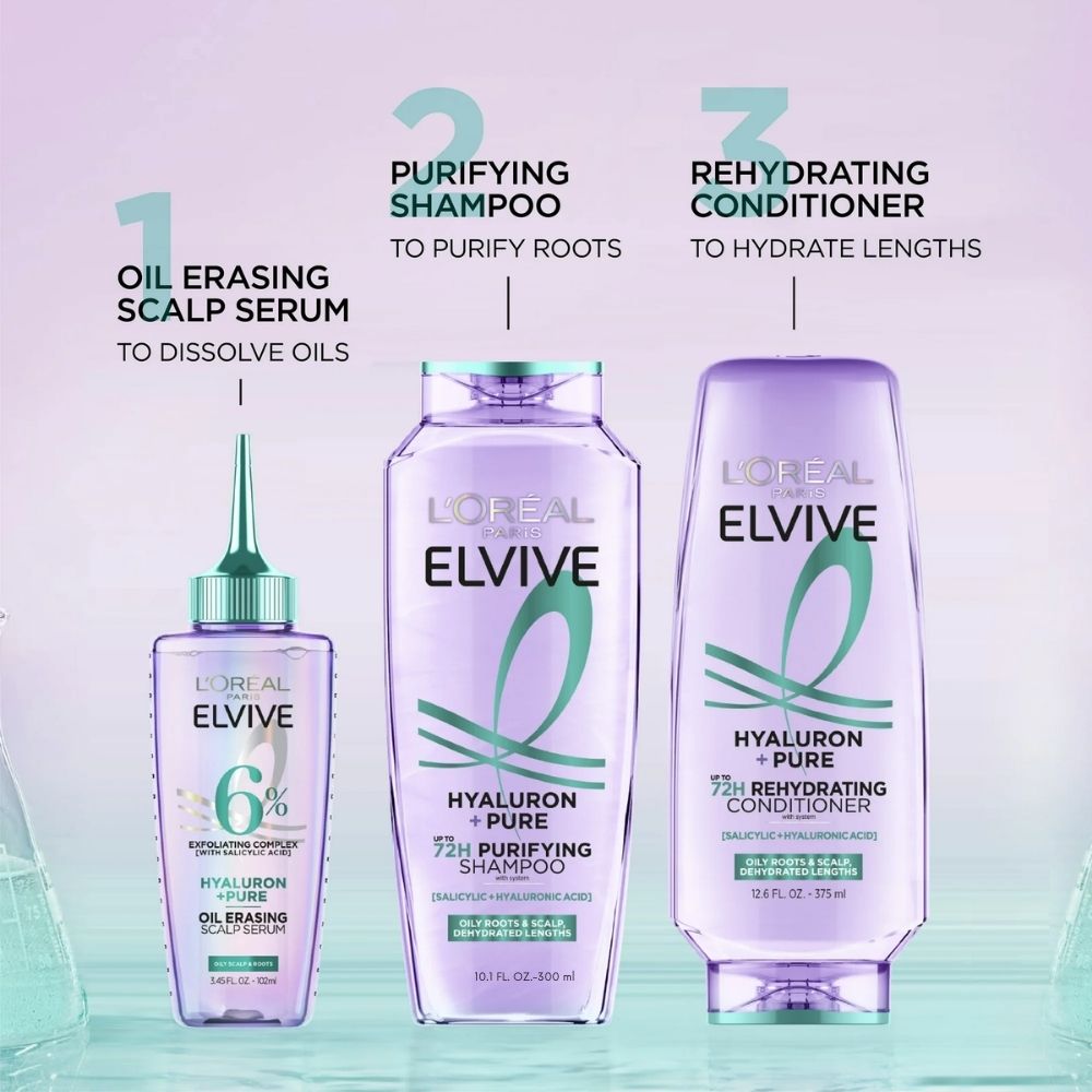 Loreal Elseve Hydra [Hyaluronic] Pure Salicylic Acid Anti-Oil Purifying Shampoo 300 ml -2 Pack