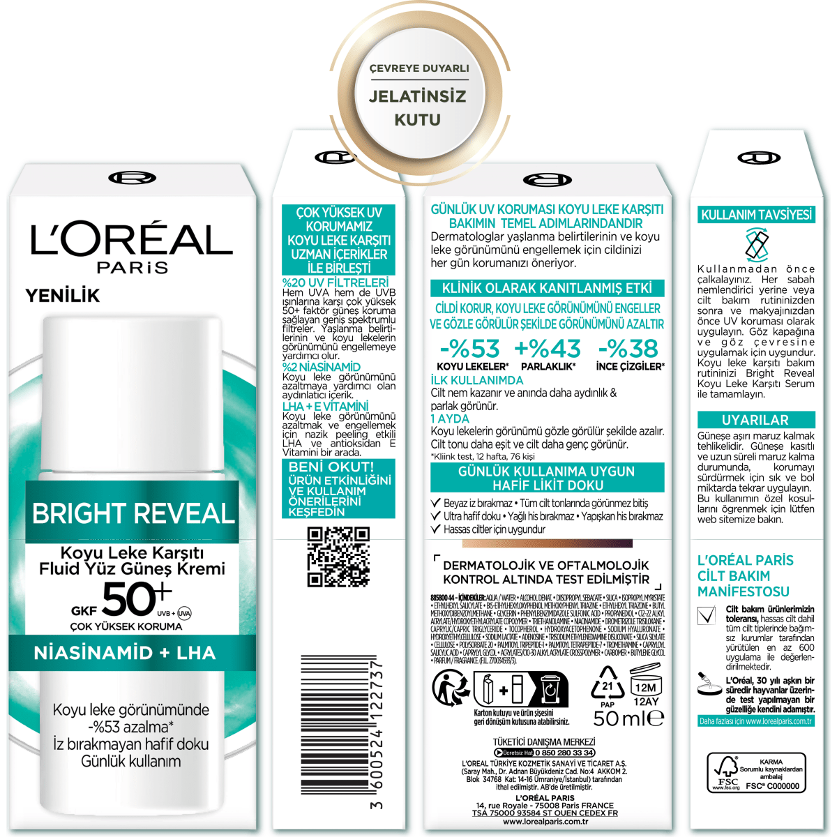 Loreal Paris Bright Reveal Spf 50+ Koyu Leke Karşıtı Fluid Günlük Yüz Güneş Kremi 50ml
