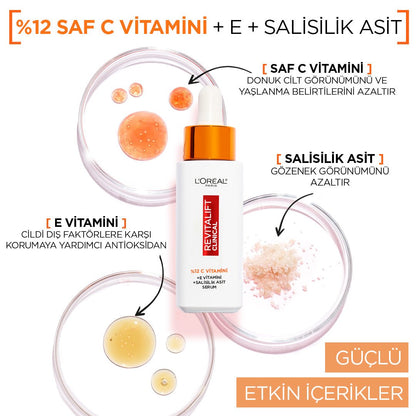 Loreal Paris Revitalift Clinical %12 Saf C Vitamini Aydınlatıcı, Ton Eşitleyici, Gözenek Karşıtı Serum 30 ml
