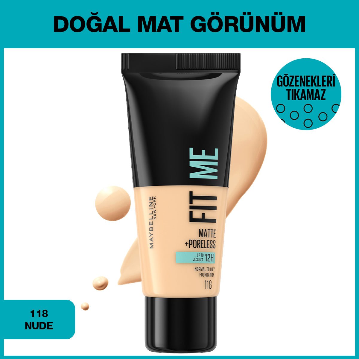 Maybelline New York Fit Me Matte+Poreless Fondöten - 118 Nude