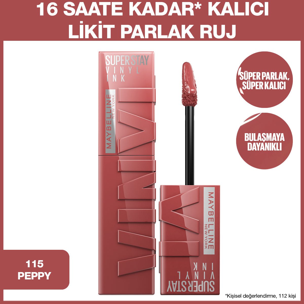 Maybelline New York Super Stay Vinyl Ink Uzun Süre Kalıcı Likit Parlak Ruj 115 Peppy