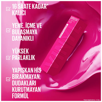 Maybelline New York Super Stay Vinyl Ink Uzun Süre Kalıcı Likit Parlak Ruj 155 Upbeat