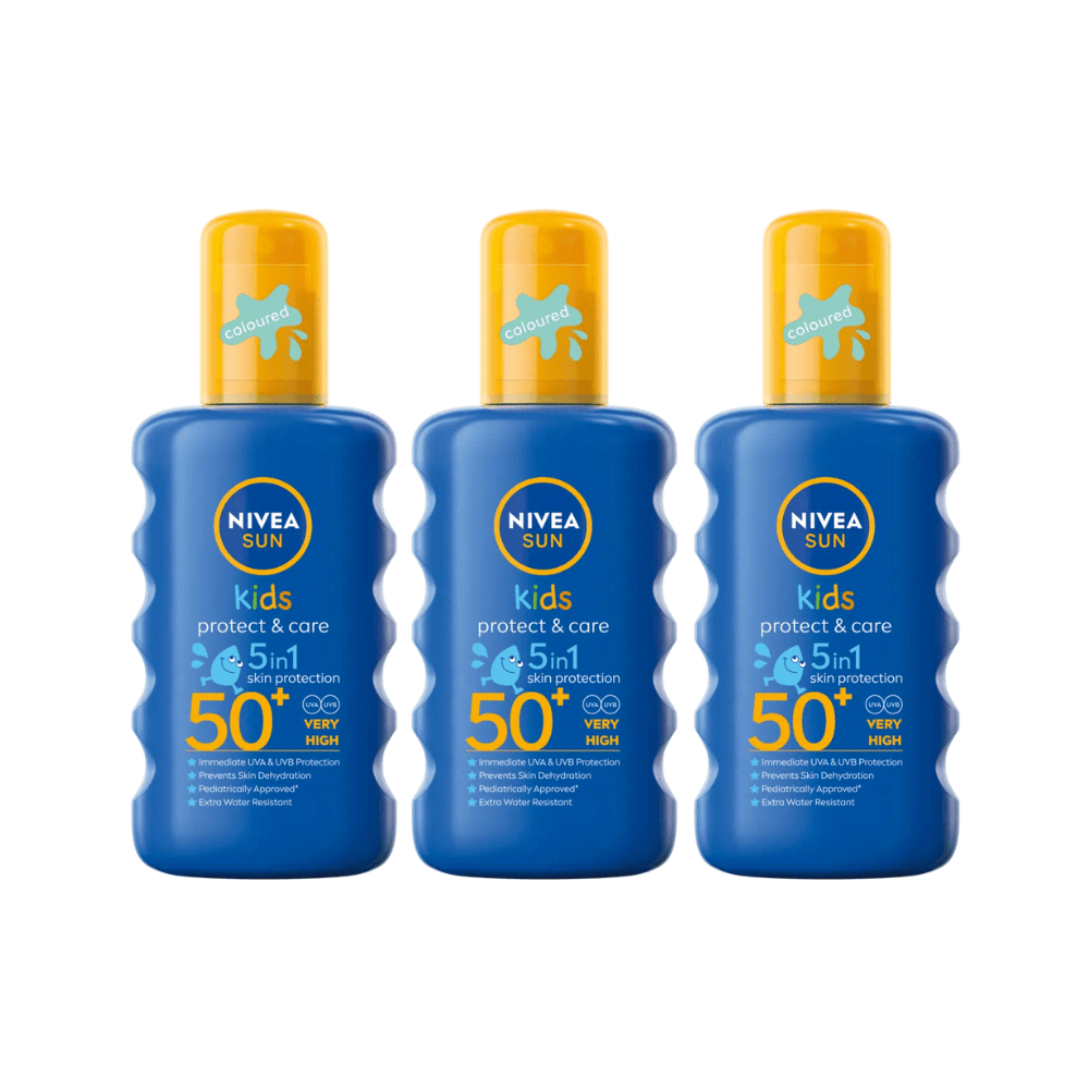 Nivea Sun Kids Protect &amp; Care Coloured Sun Cream Spray SPF50+ 200ml / 6.8 fl.oz - 3 Pack