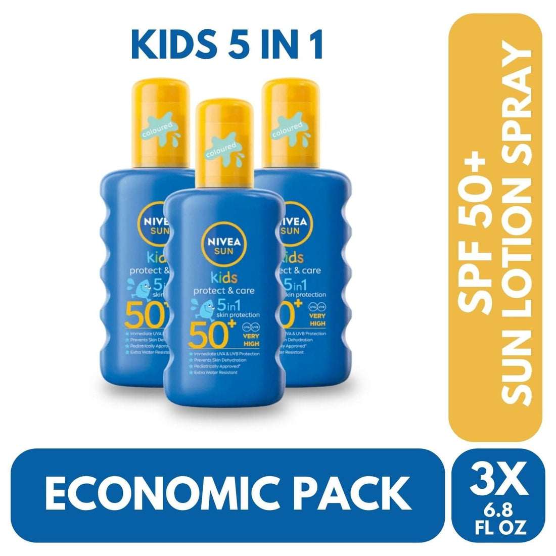 Nivea Sun Kids Protect &amp; Care Coloured Sun Cream Spray SPF50+ 200ml / 6.8 fl.oz - 3 Pack