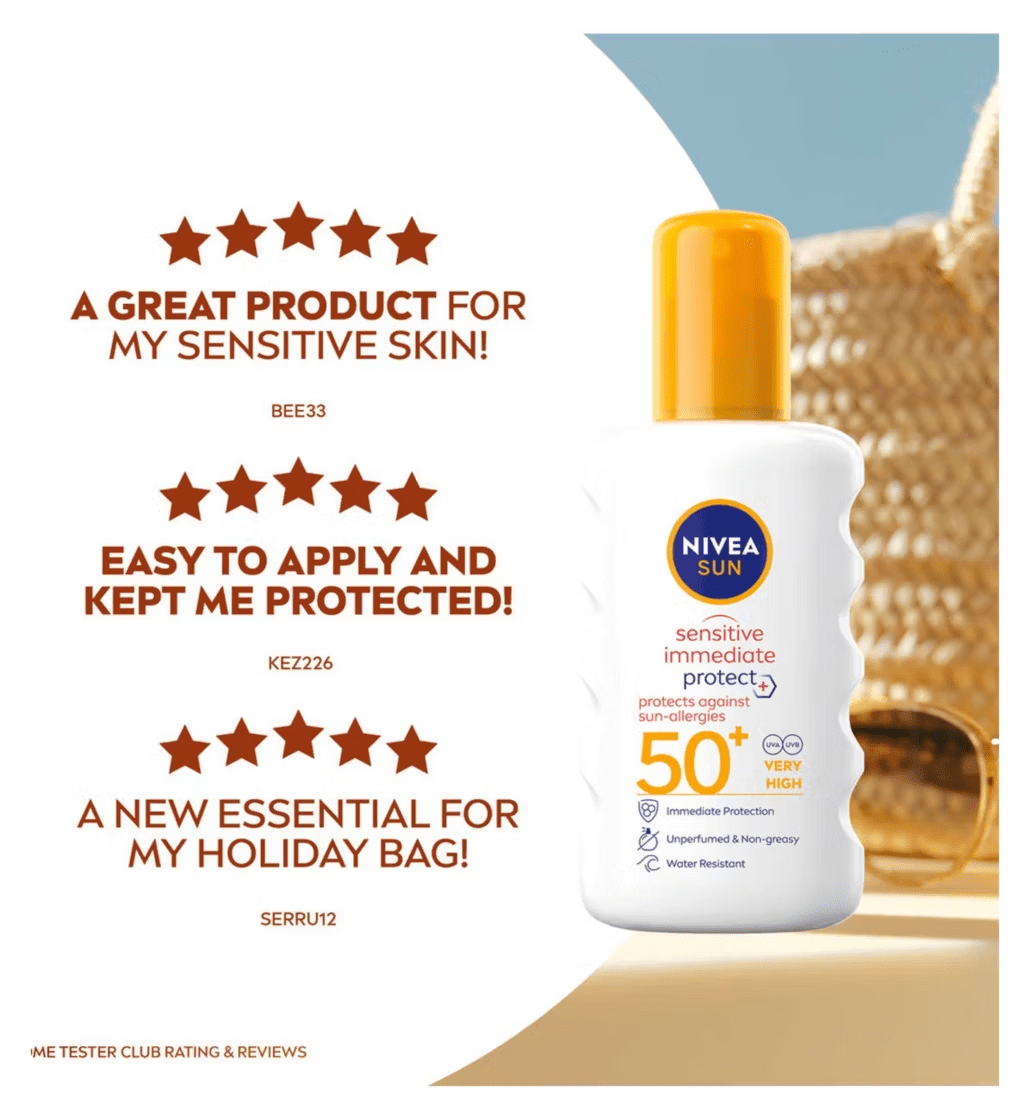 Nivea Sun Sensitive Immediate Protect Sun Cream Spray SPF50+ 200ml / 6.8 fl.oz - 3 Pack